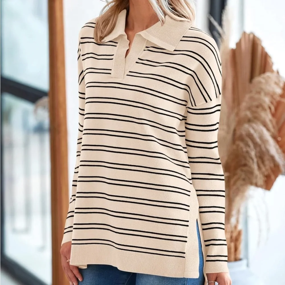 Women’s Fashion Oversized Striped Sweater Long Sleeve Polo V Neck. Size M